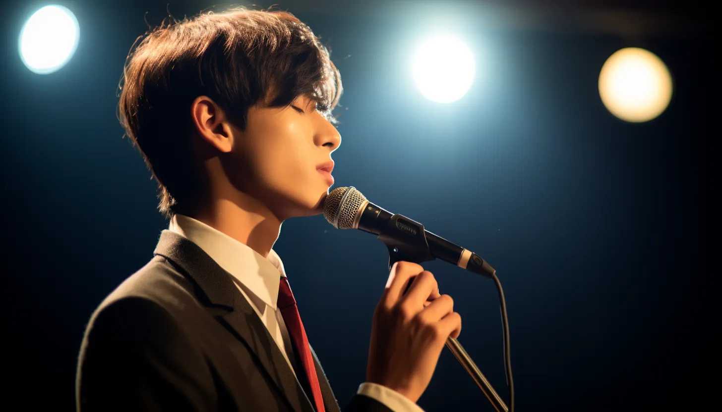 An image of Jung Kook captivating the audience with his mesmerizing vocals at a previous live performance, taken with a professional DSLR camera.