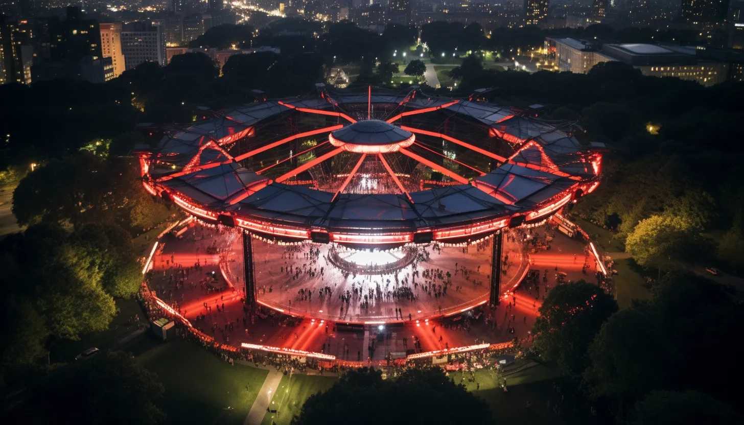 A stunning aerial shot of the Global Citizen Festival stage in Central Park, illuminated by vibrant lights and surrounded by excited fans, captured with a high-resolution drone camera.