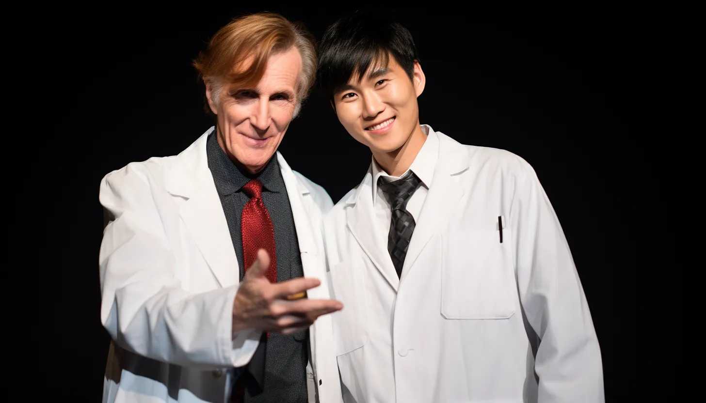 A snapshot of Jung Kook embracing his role as an advocate for social change, standing alongside renowned speaker Bill Nye the Science Guy, taken with a state-of-the-art mirrorless camera.