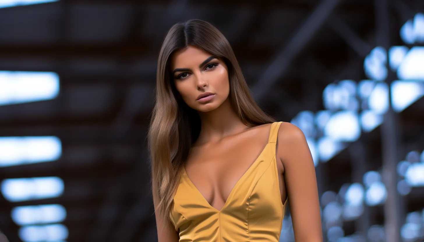 Emily Ratajkowski confidently strutting the runway in a mustard yellow sheer dress, captured with a Canon EOS R