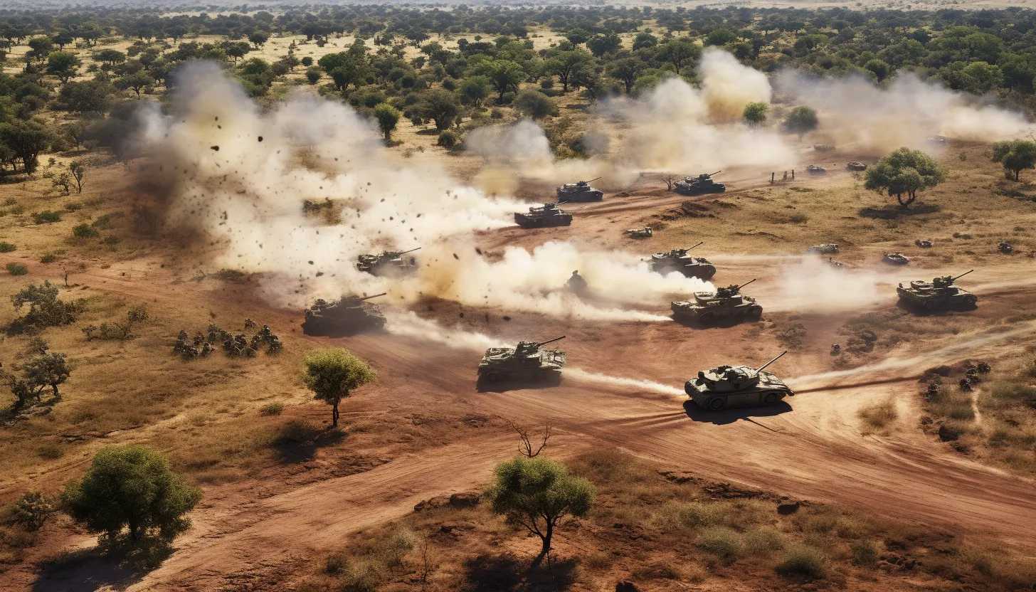 Aerial view of tanks maneuvering through a battlefield during a counteroffensive