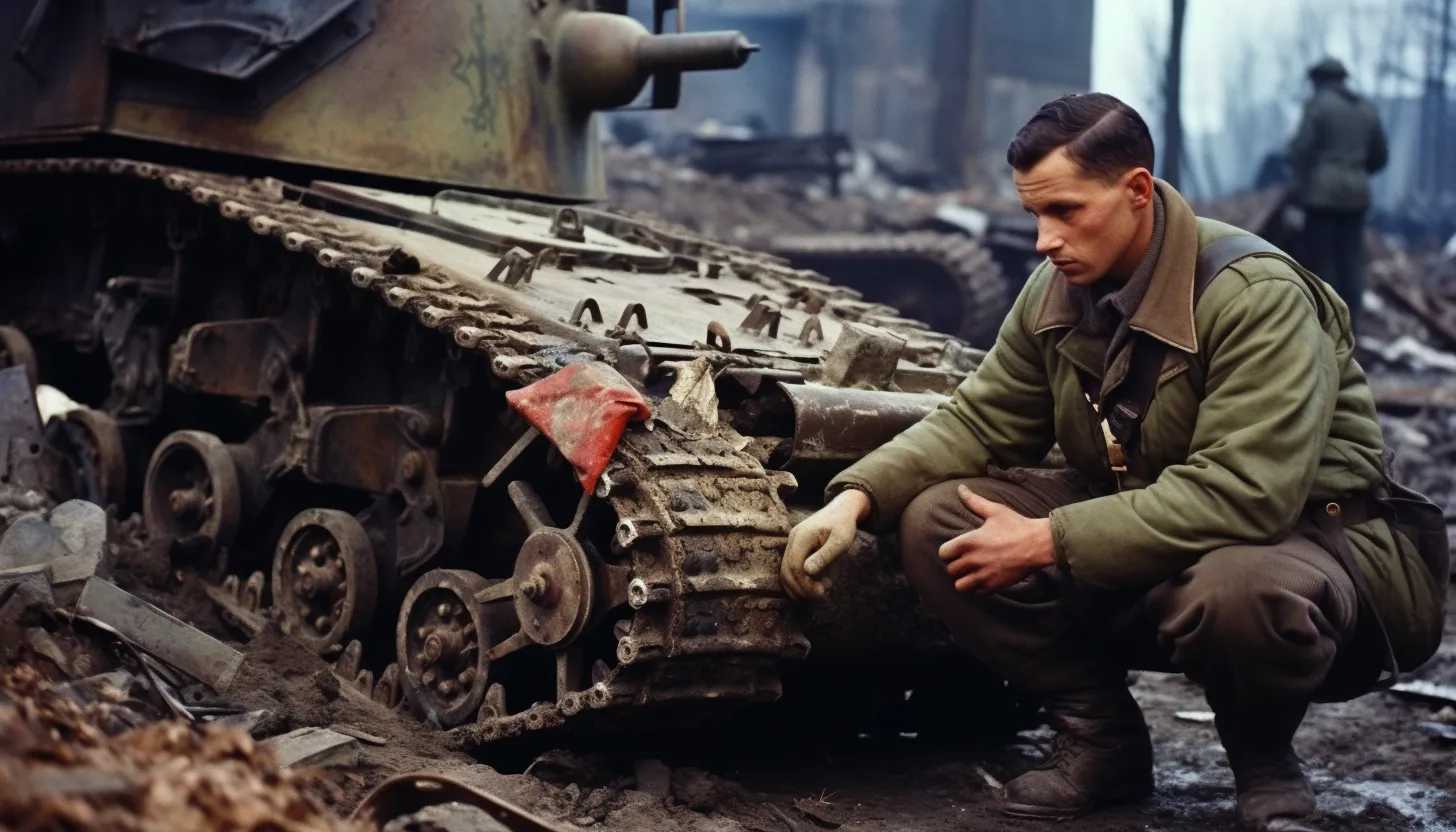 US soldier inspecting a captured Soviet tank in Ukraine