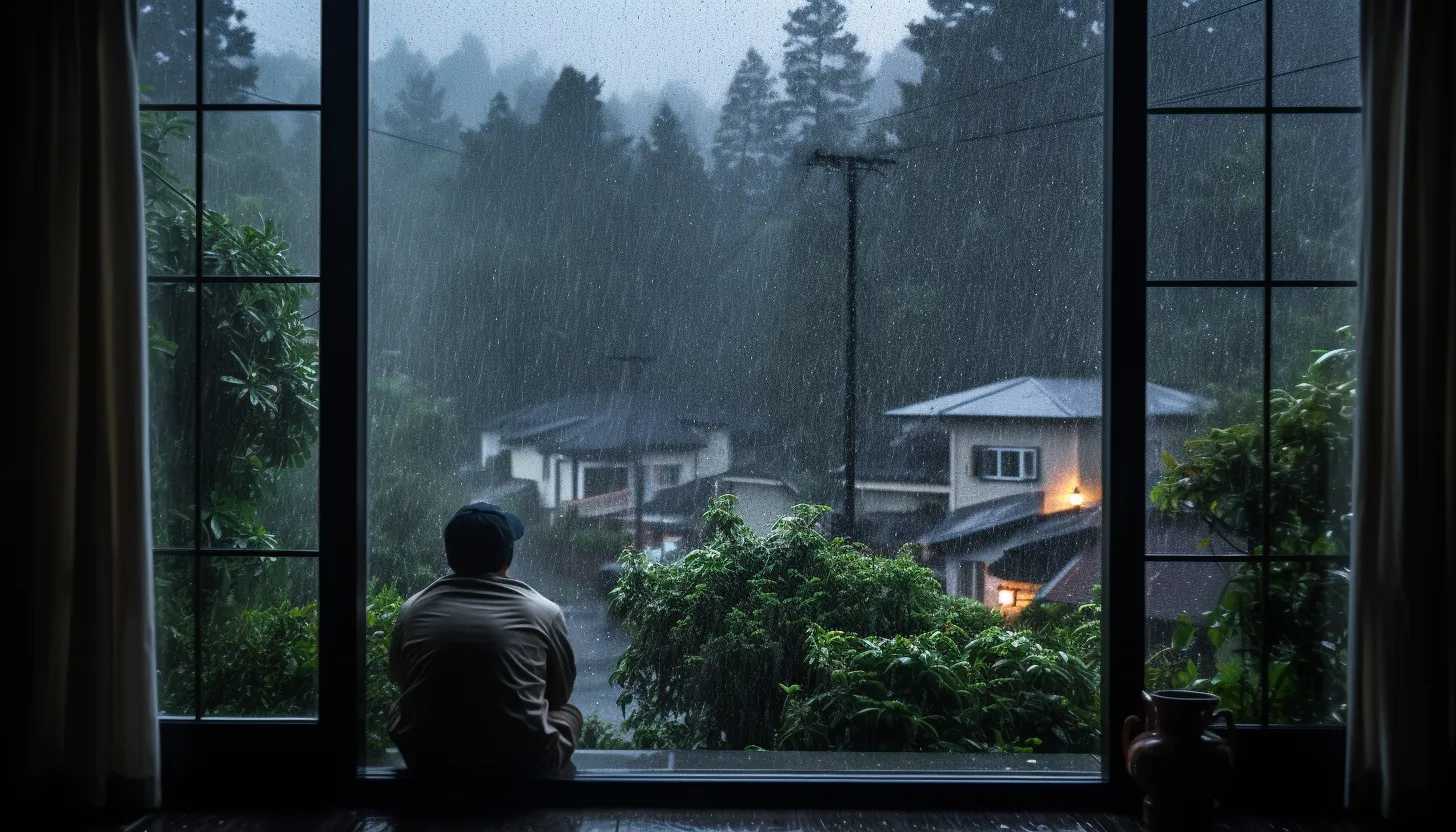 A single person, perhaps a local resident or a stranded traveler, staring anxiously at the heavy rainfall outside a window, perfectly capturing the personal impact and the broader tension induced by the approaching storm. Taken with a Sony A7R III.