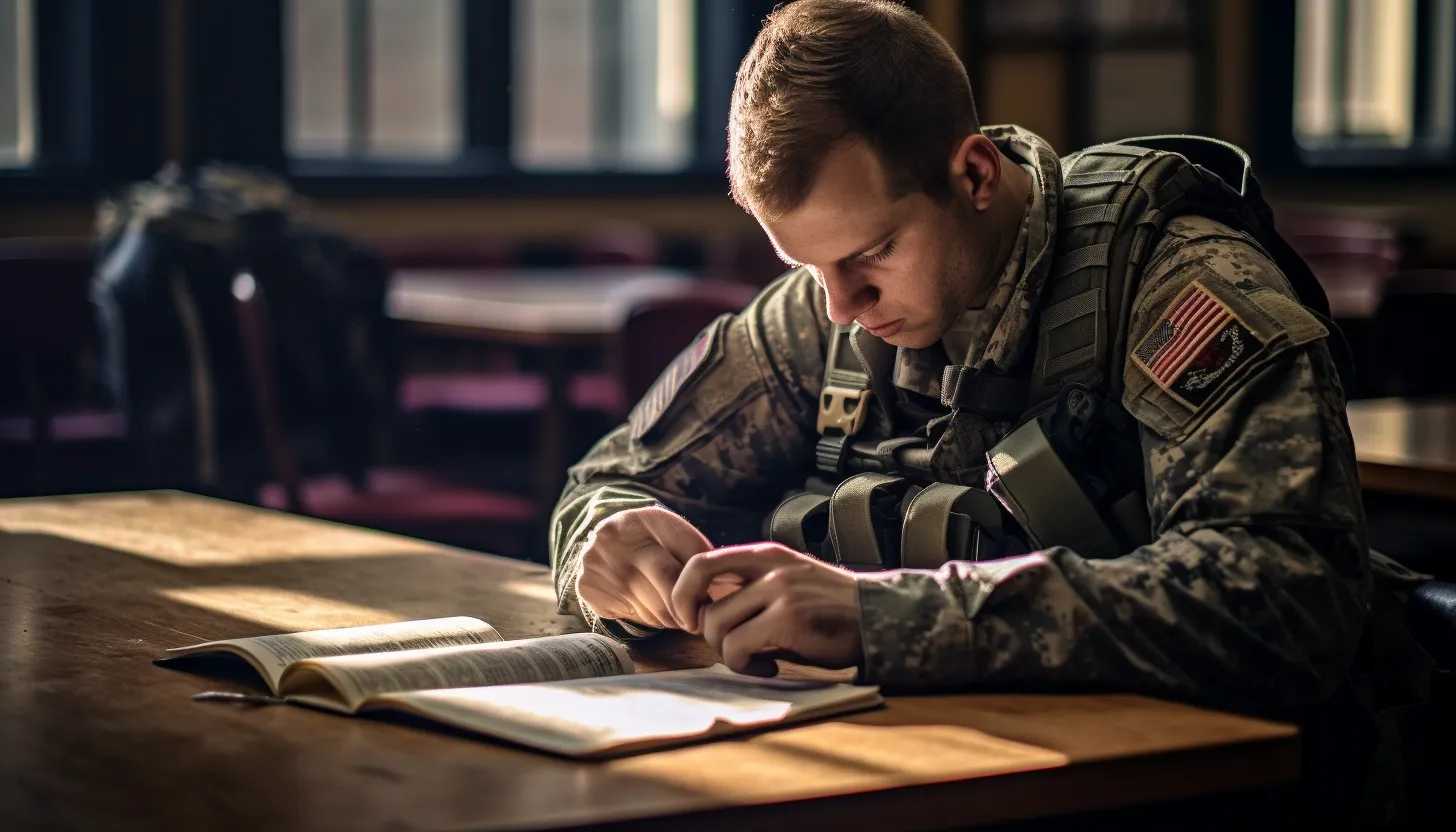 A photo of a military veteran studying quietly in a Harvard classroom, taken with a Nikon D850.