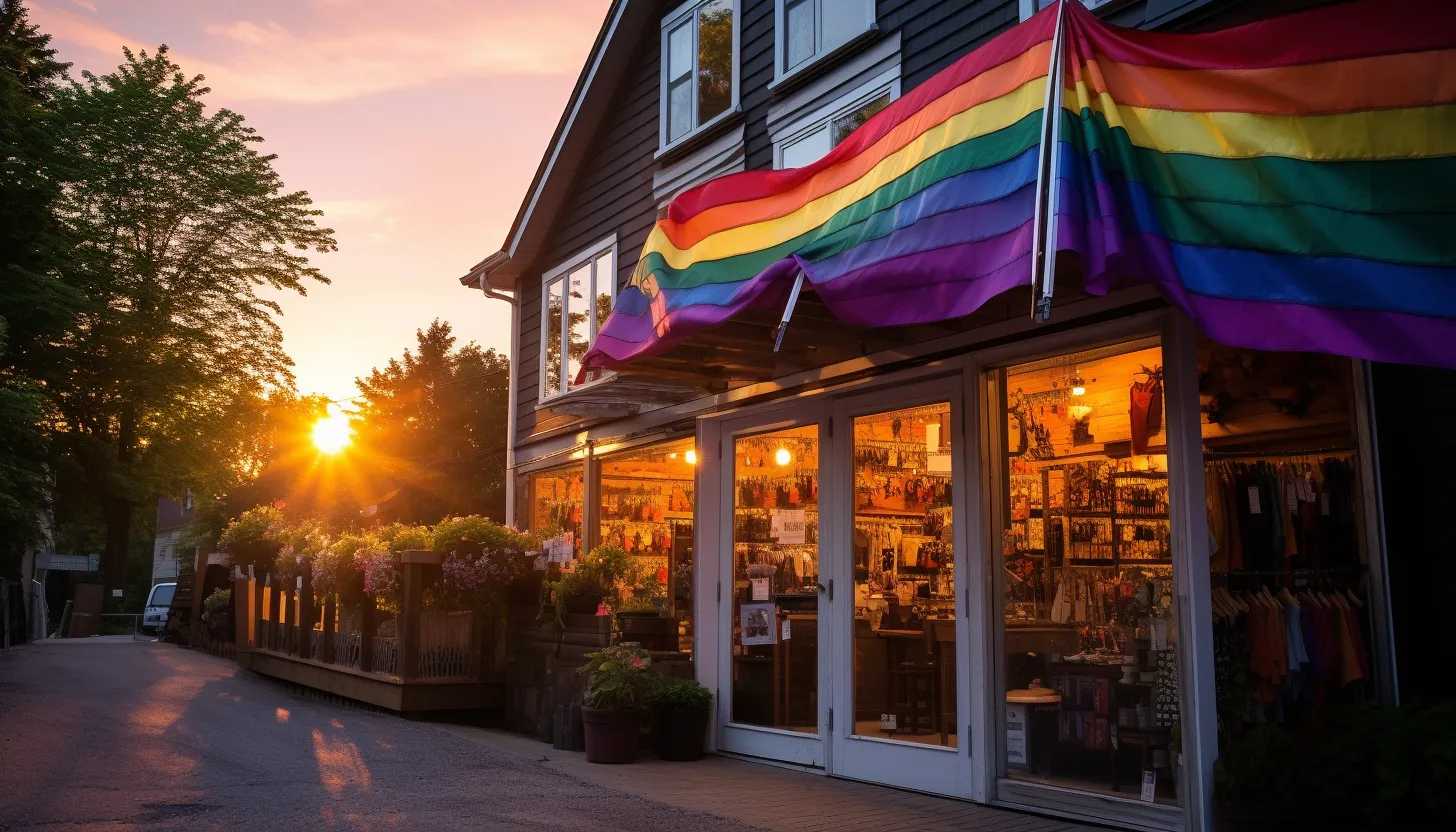 A shot of Laura Ann Carleton's store, Mag Pi, in Cedar Glen showing the Pride Flag fluttering outside. Capture it during sunset, underlining the peaceful yet energetic aura the shop radiates into its neighborhood. (Taken with Nikon D850)