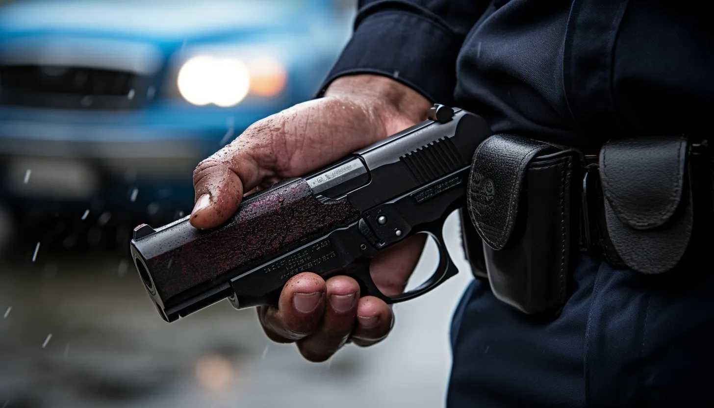 A gloved hand of a police officer holing the handgun found at the scene, underlining the stark reality and severity of the crime. The focus should be a close-up of the hand and the gun, ensuring that features of the gun are visible but not overly explicit. (Taken with Sony Alpha a7 III)