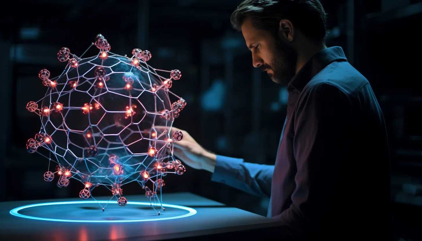 A scientist examining a 3D model of a virus particle under a microscope which shows the numerous mutations. Image taken with a Canon EOS 5D Mark IV.