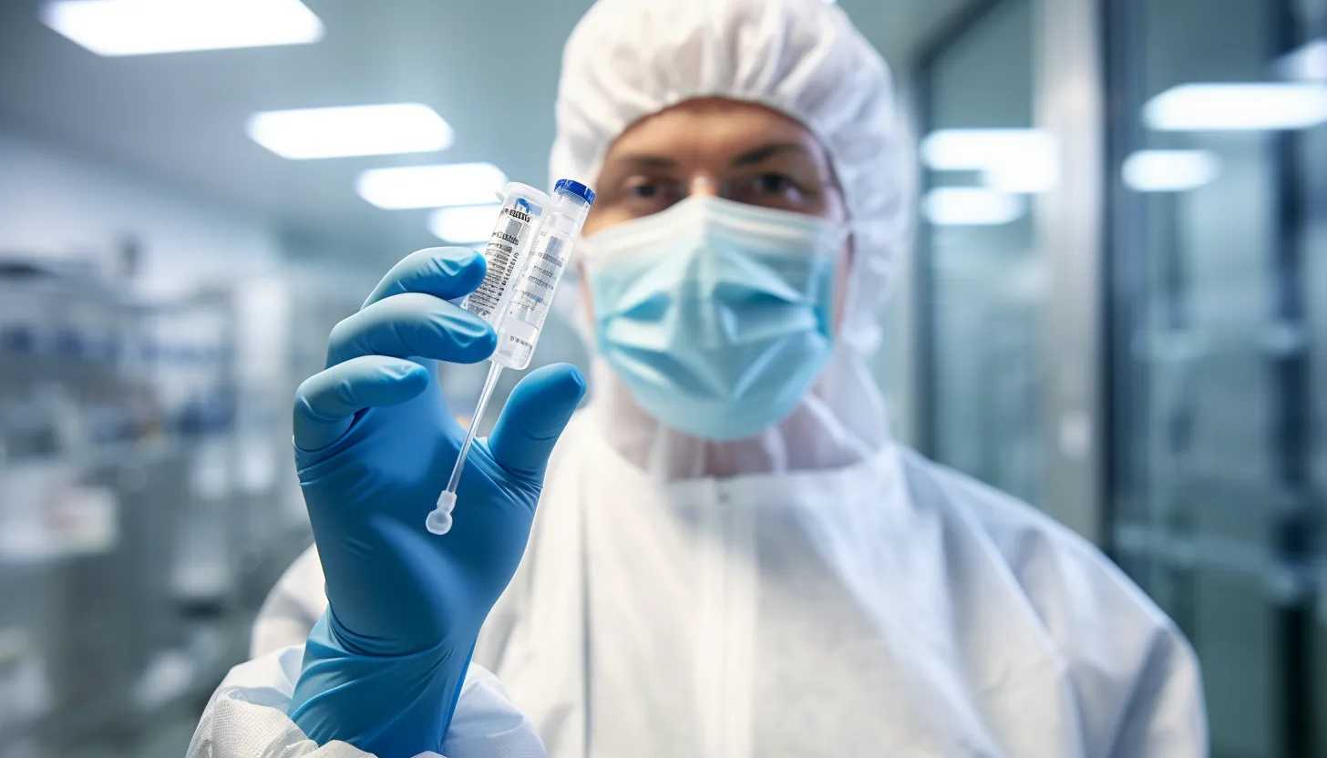 A Pfizer laboratory with a researcher holding a vaccine vial, marking the development of vaccines against the new variants of COVID-19. Shot taken with a Sony Alpha 7R IV.