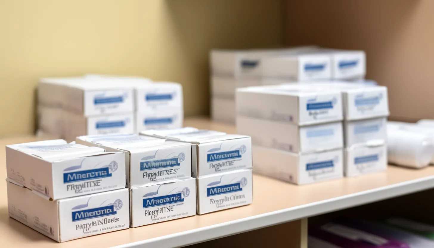 Boxes of mifepristone neatly arranged on a shelf at a women's healthcare clinic. (Photo taken with Nikon D850)