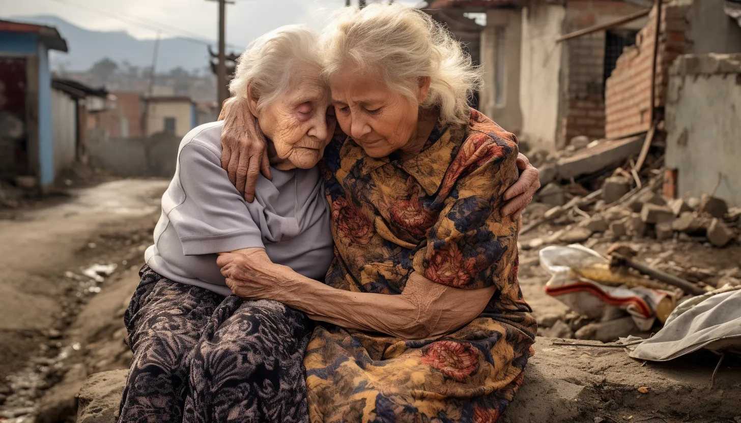 A heartwarming photo of a 94-year-old woman embracing her 90-year-old sister, taken with a Canon EOS 5D Mark IV.