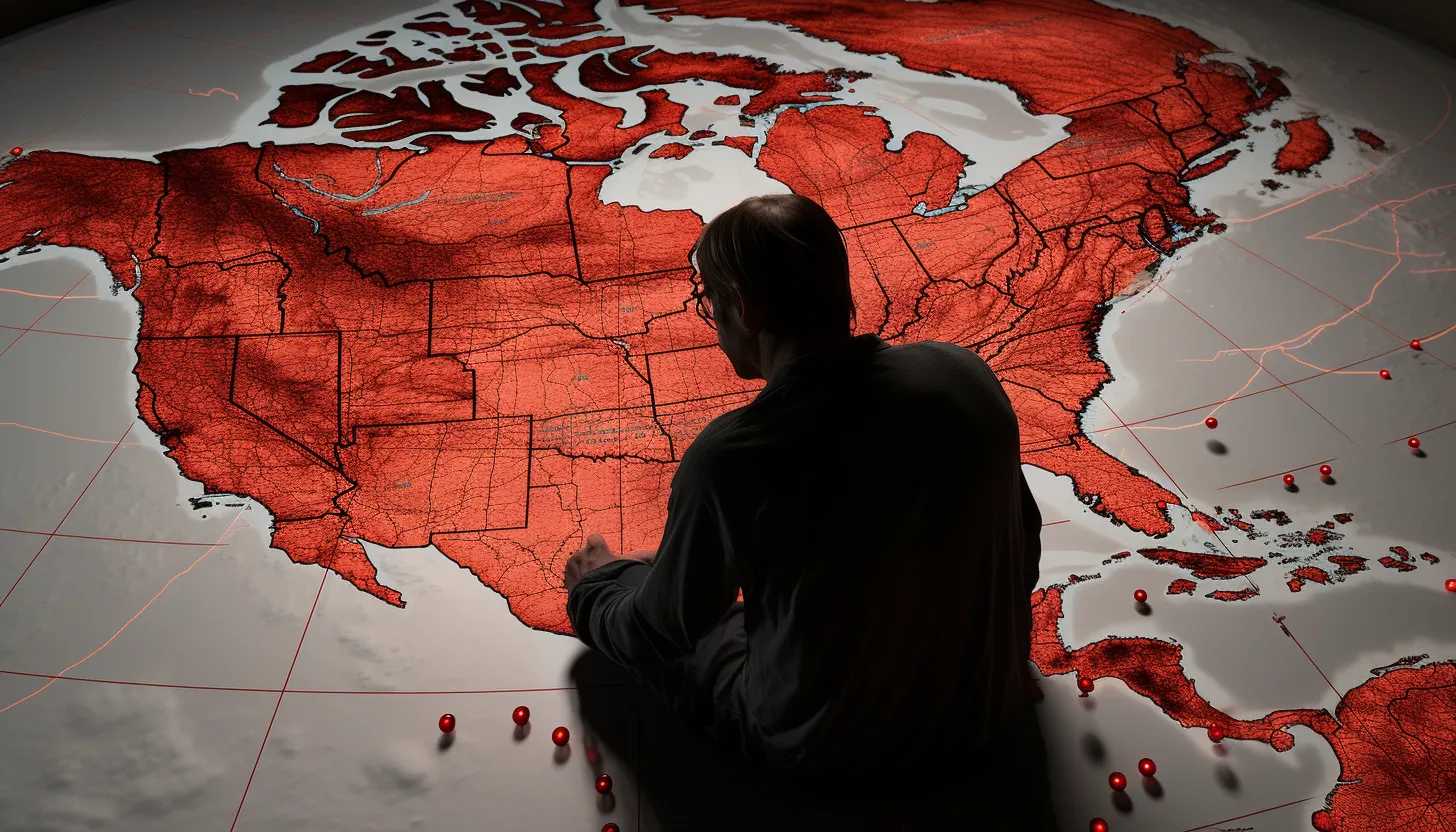 A detailed map of the United States dotted with red markers indicating the widespread presence of the 'Eris' subvariant. A focused individual is seen studying the map, representing the gravity and expanse of the situation - taken with Nikon D850.