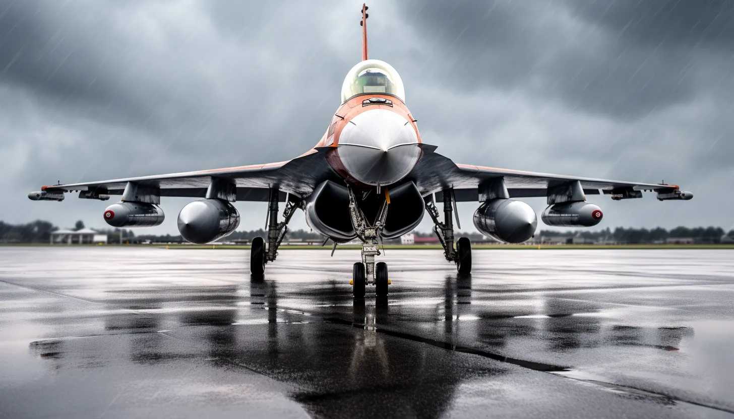 A Dutch F-16 fighter jet, ready for takeoff, standing against the backdrop of a cloudy sky, highlighting a sense of urgency and readiness. Taken with a Nikon Z7 II.