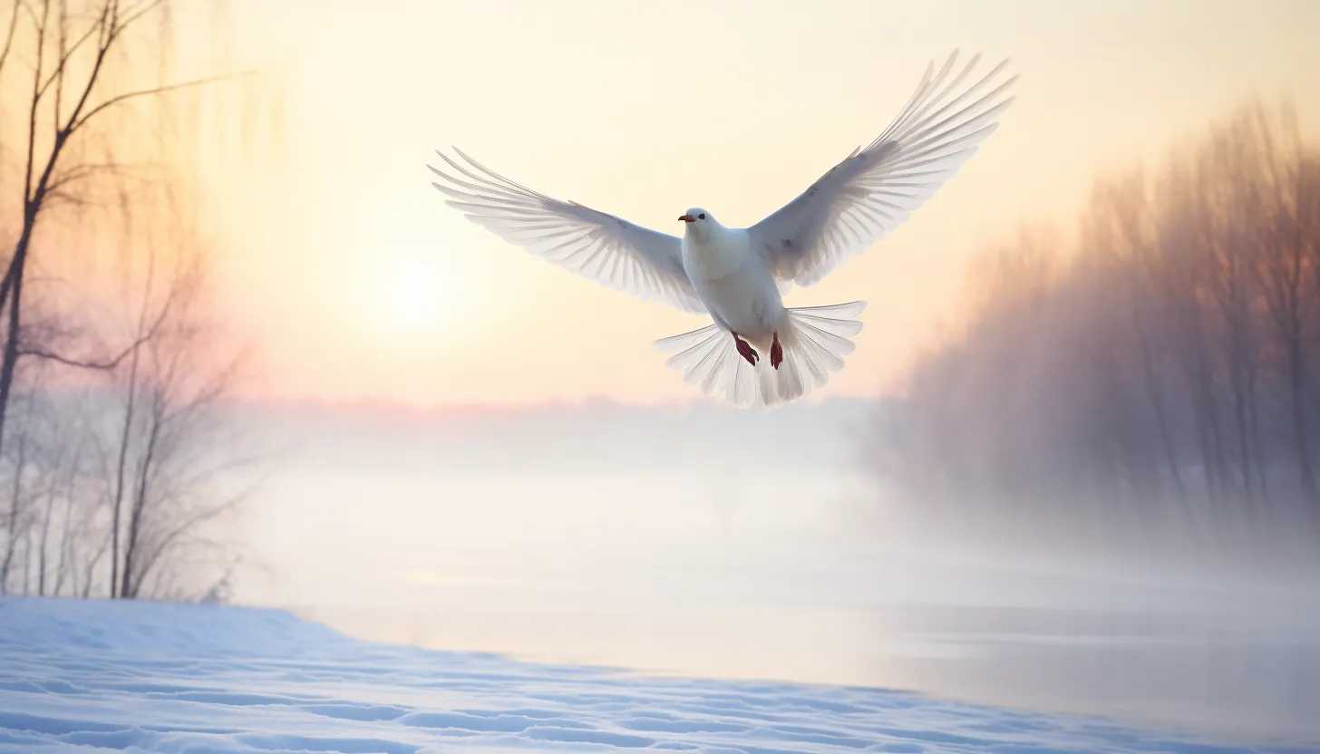 A symbolic photograph of a sole, white dove soaring in a crisp winter sky - embodying Ukraine's quest for peace amidst challenging times. Taken with a Sony Alpha 1.