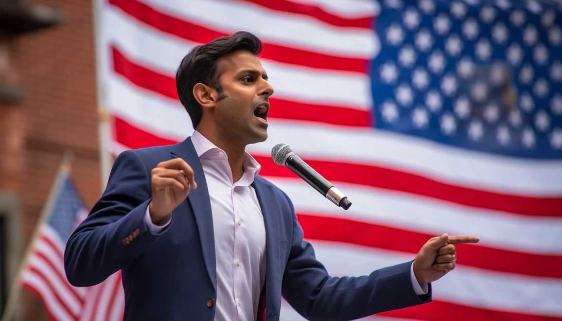 A photo of Vivek Ramaswamy, Republican presidential candidate, passionately addressing a crowd during a campaign rally. [Image taken with a Nikon D850]