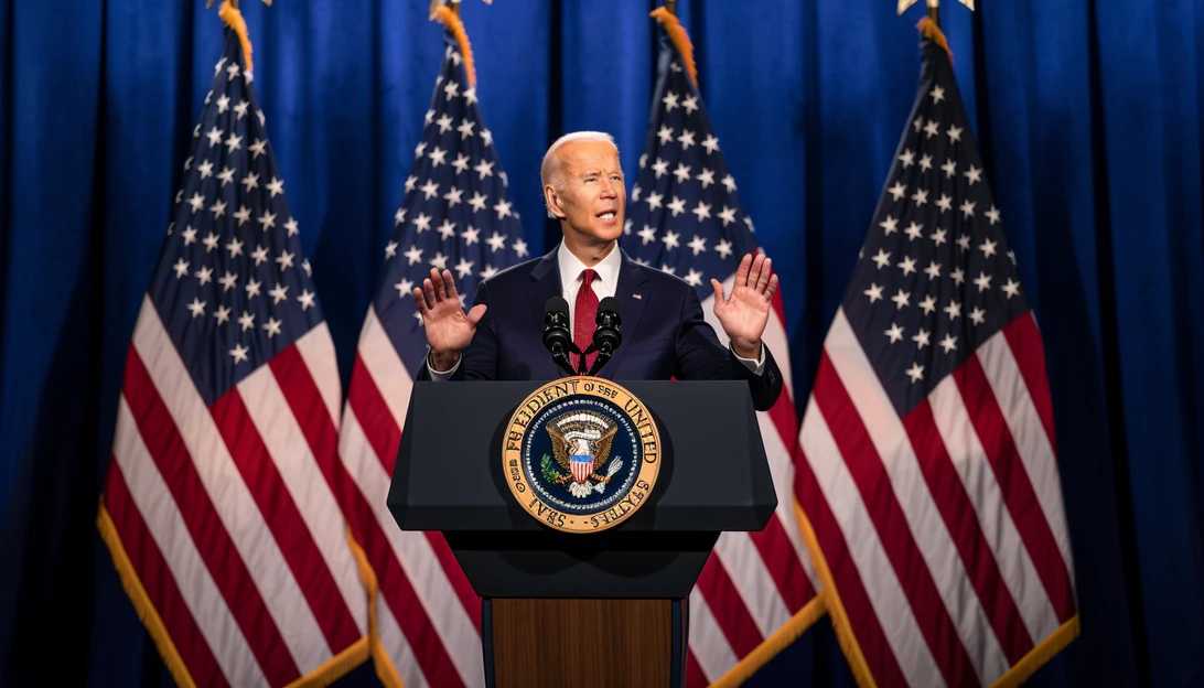 "President Biden's Response" - A photo of President Biden delivering a speech at a podium surrounded by microphones. (Taken with a Nikon D850)