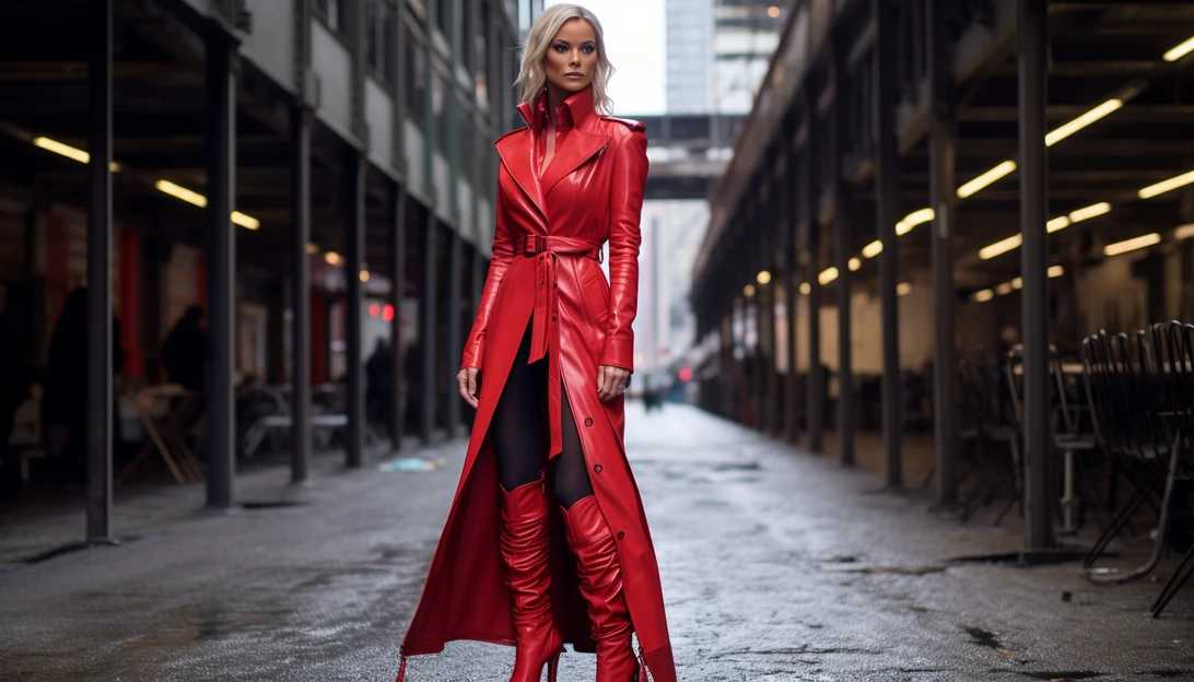 Leni Klum, with a serious expression, capturing attention in her red trench coat and thigh-high red boots during New York Fashion Week. (Photo taken with a Sony Alpha A7R IV)