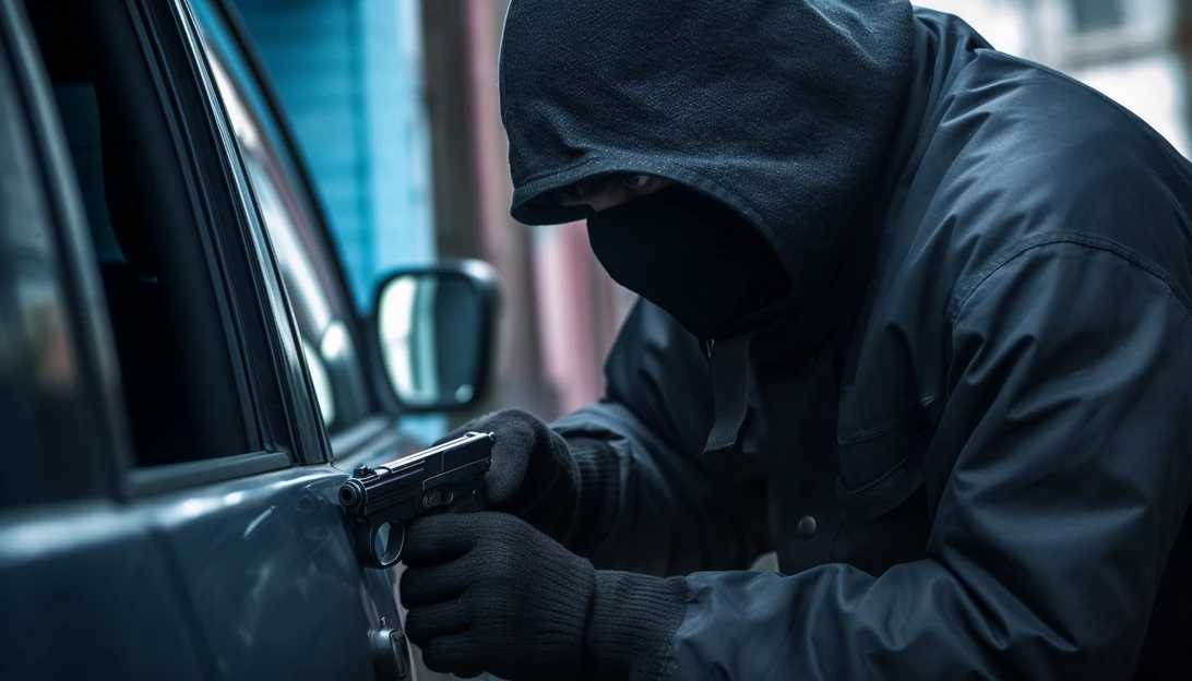 A close-up shot of a thief attempting to unlock a car door with a cloned key, taken with a Canon EOS 5D Mark IV.