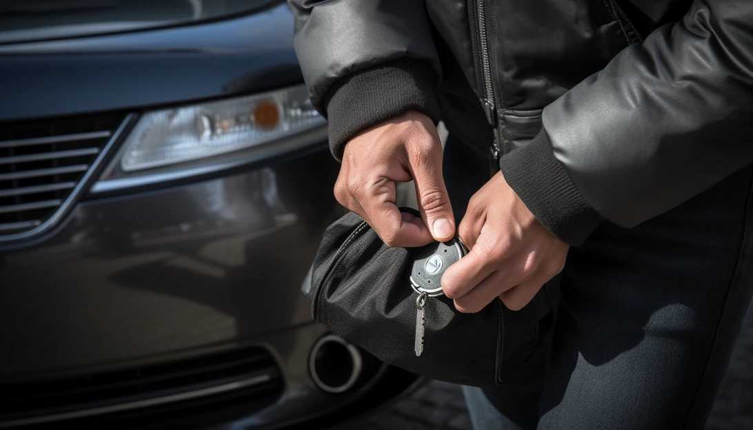 A person using a blocking pouch to protect their key fob from being hacked, taken with a Nikon D850.