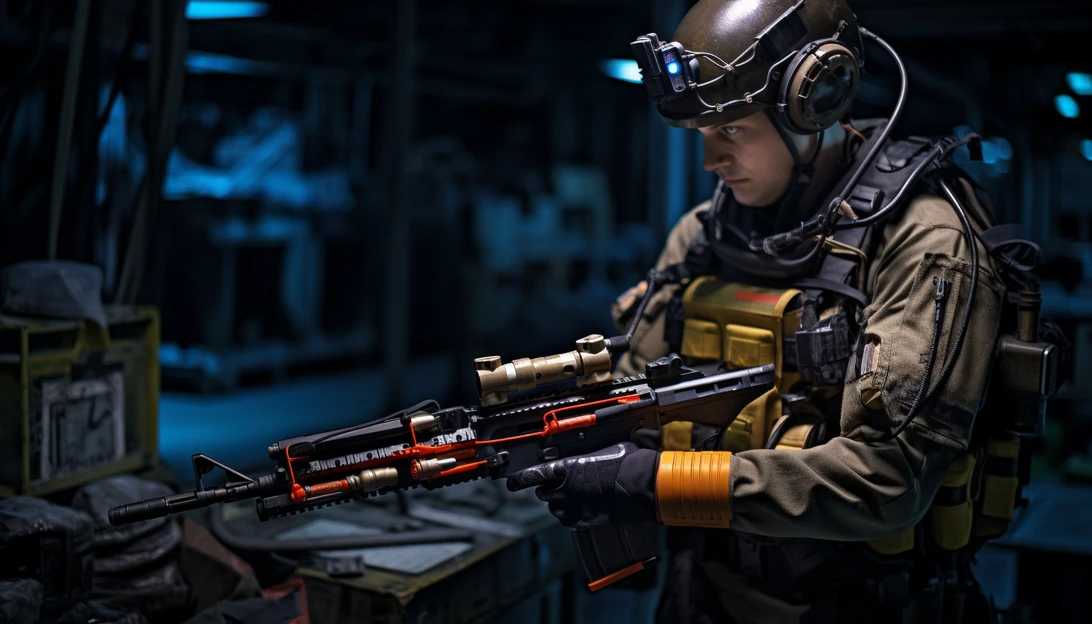 A German soldier wearing advanced tactical gear inspects a piece of futuristic weaponry in the virtual battlefield of GhostPlay, captured with a Nikon D850.