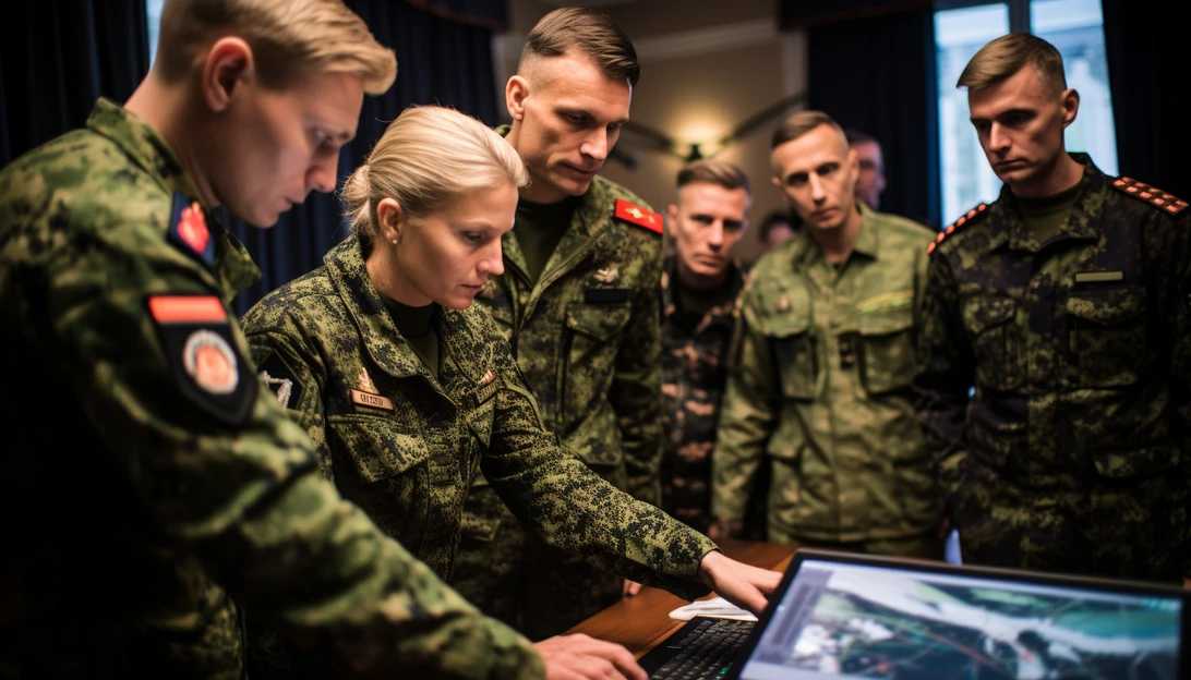German military officials gather around a computer screen, observing the realistic simulations generated by GhostPlay, photographed using a Sony Alpha 7R IV.
