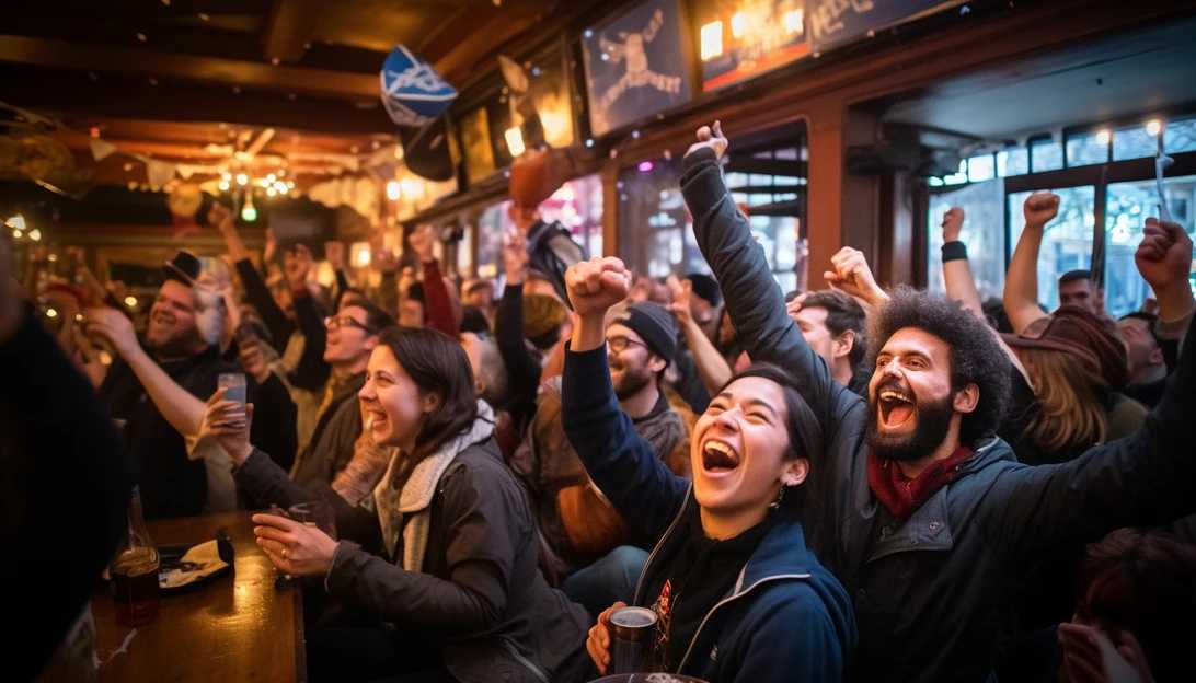 An image capturing the vibrant atmosphere of the celebration at the Freehouse Pub in Berkeley, where landlords gathered to mark the end of the COVID-eviction moratorium, taken with a Nikon D850.