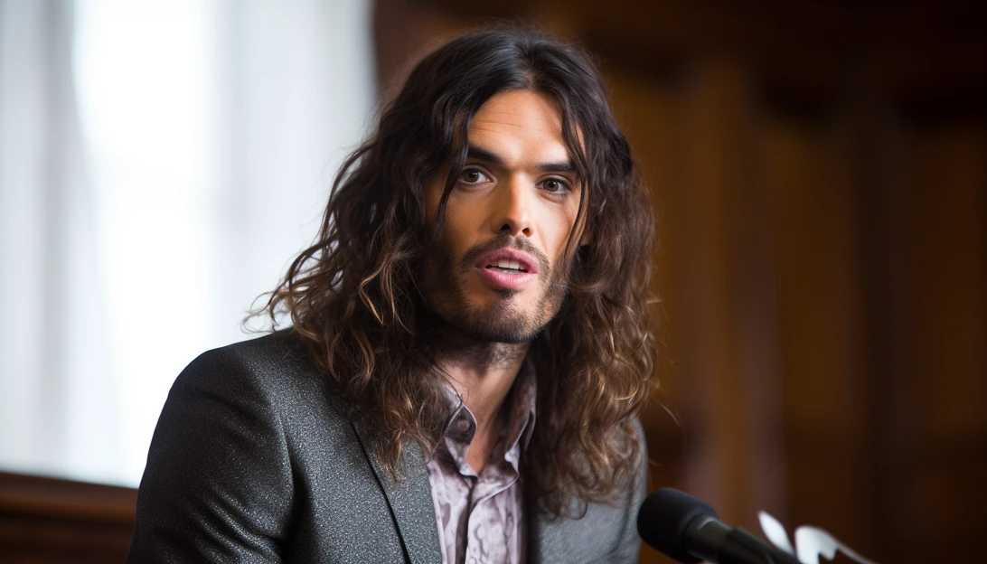 Russell Brand speaking at a press conference - photo taken with Canon EOS 5D Mark IV