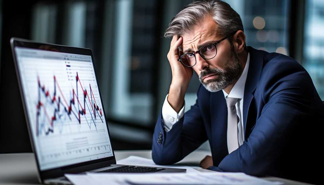 A businessman looking concerned while studying rising interest rates with a backdrop of a financial chart, taken with a Nikon D850