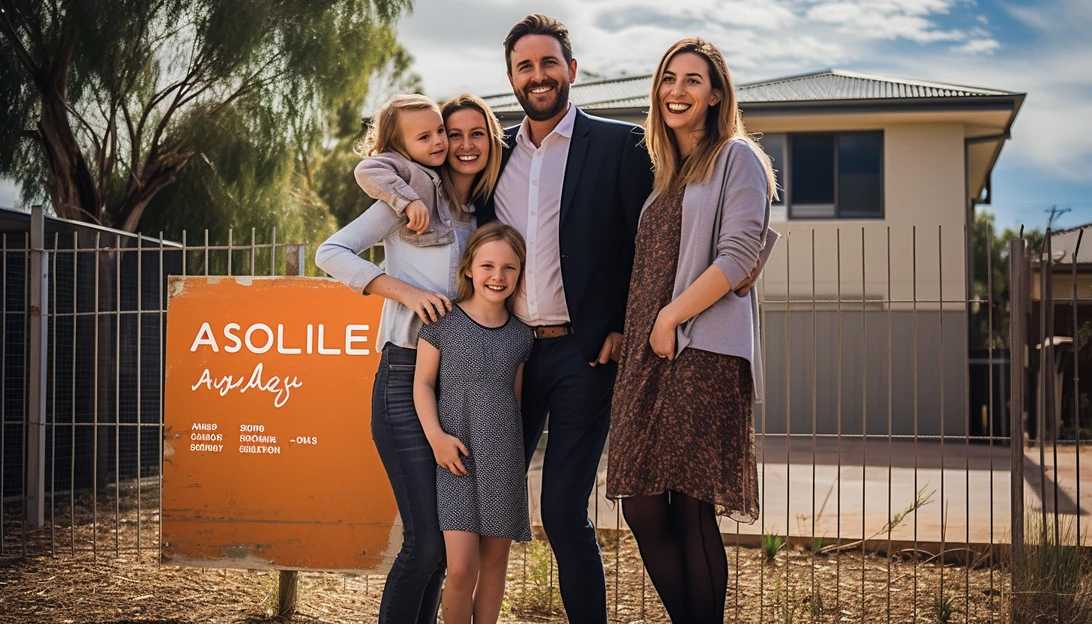 A middle-income family standing in front of a 'Sold' sign, celebrating their new affordable home. (Taken with a Canon EOS 5D Mark IV)