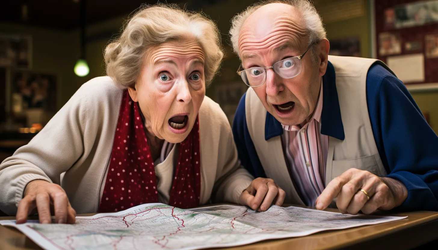 A shocked and anxious elderly couple looking at a map, depicting their unexpected cross-country flight. Taken with a Nikon D850.