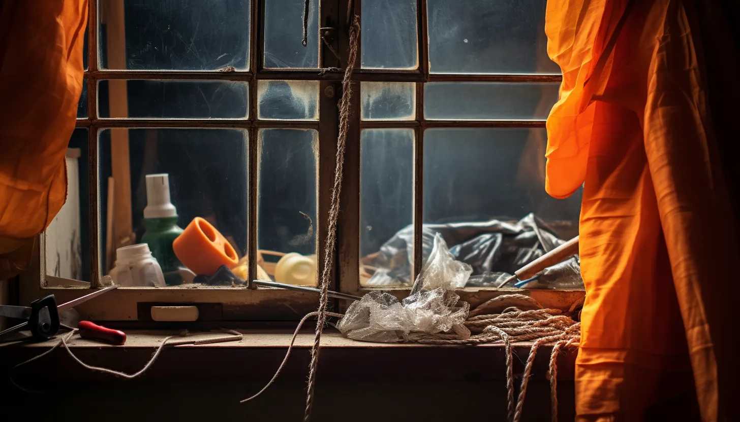 A close-up shot of a prison window with escape paraphernalia such as cut bars and a makeshift rope made of bed sheets. Taken with a Canon EOS 5D Mark IV.