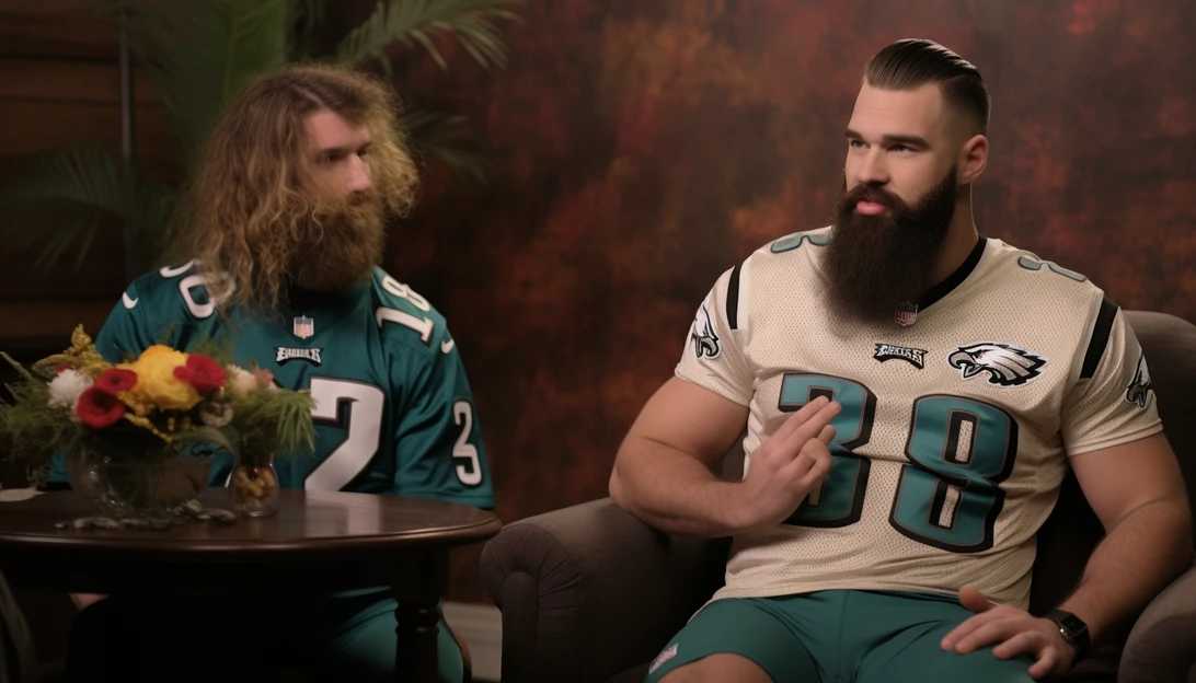 Jason Kelce discussing the speculated romance between Travis Kelce and Taylor Swift during an interview in Philadelphia, photographed with a Nikon D850
