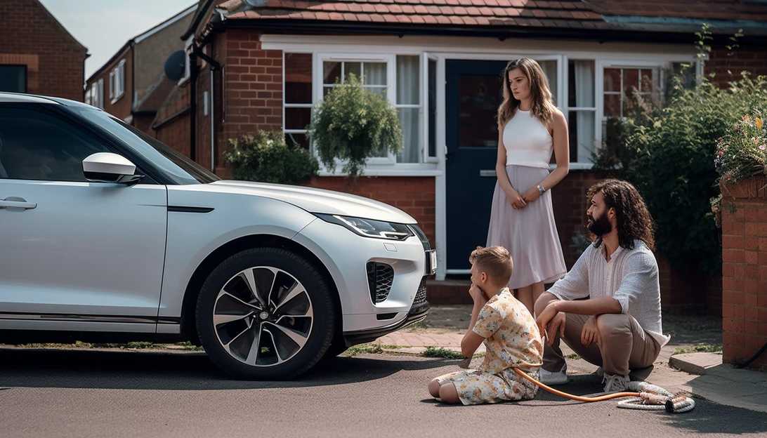 A frustrated family waiting by an EV charger blocked by a non-electric car, highlighting the logistical challenges faced by zero-emissions vehicles, photographed with a Sony Alpha a7 III.