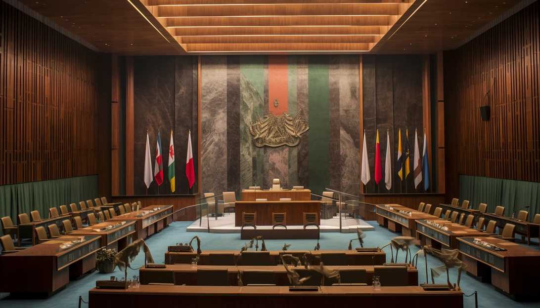 An image of the U.N. Security Council chamber during a session, showcasing the structure that India criticized, taken with a Sony Alpha a7 III.