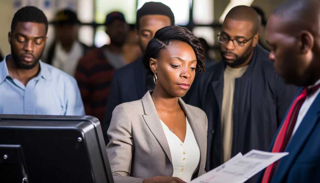 A close-up shot of Black voters casting their ballots during an election, taken with a Canon EOS 5D Mark IV