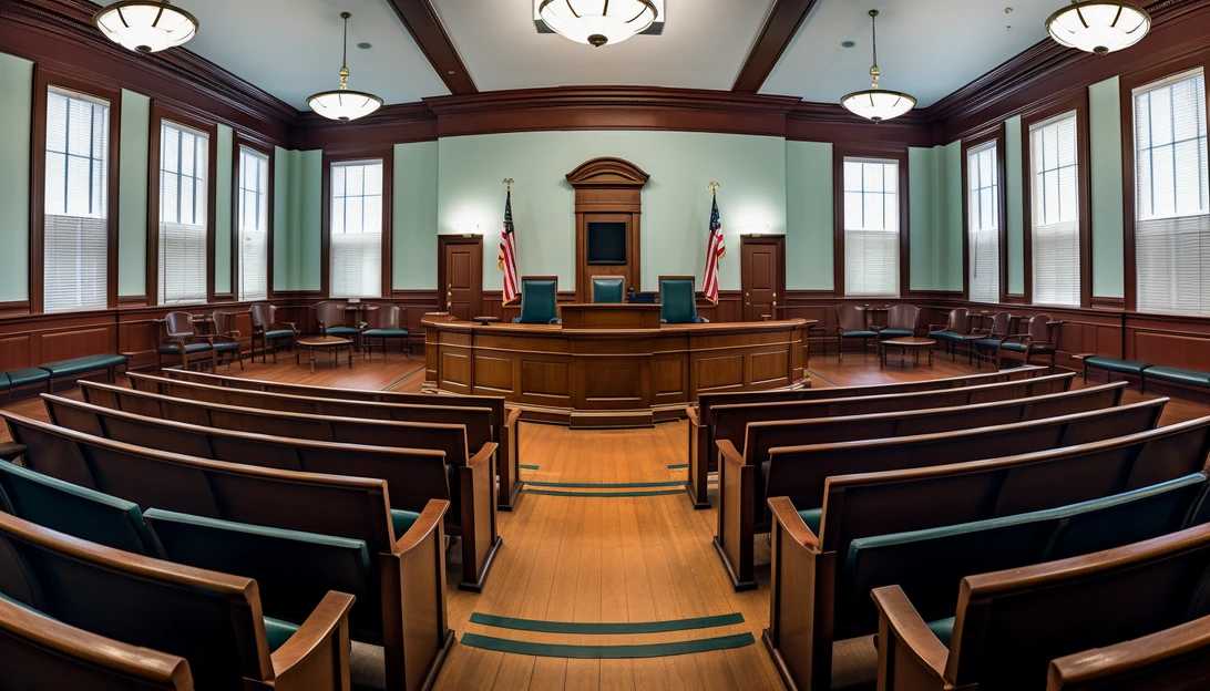 A panoramic view of a courtroom in the U.S. District Court for the Southern District of Alabama, taken with a Sony A7R III