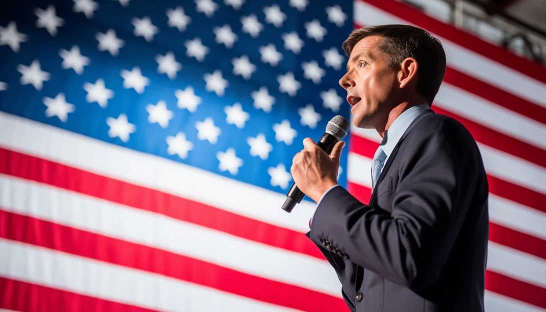 An image of Indiana Republican Congressman Jim Banks speaking at a campaign rally, capturing his passion for representing the people. Taken with a Nikon D850.