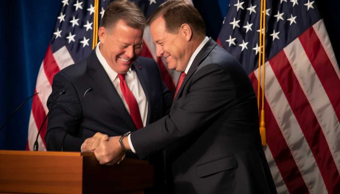 A photo of former Secretary of State Mike Pompeo endorsing Jim Banks for Senate, showcasing their strong alliance. Taken with a Canon EOS R.
