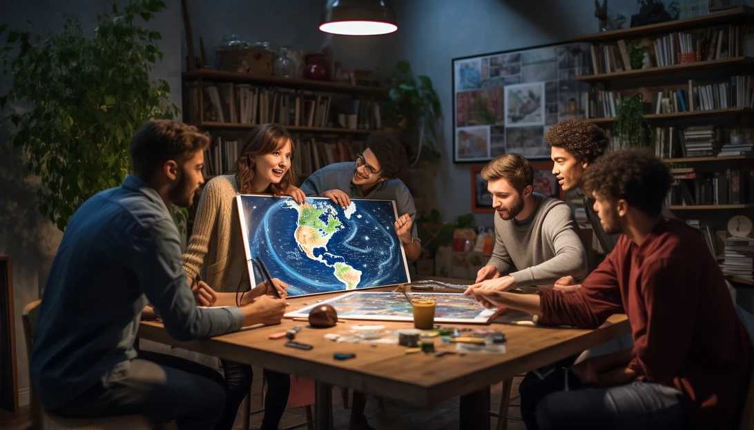 A group of friends gathered around a table, engaging in a fierce game of Pictionary Vs. AI, taken with a Canon EOS 5D Mark IV