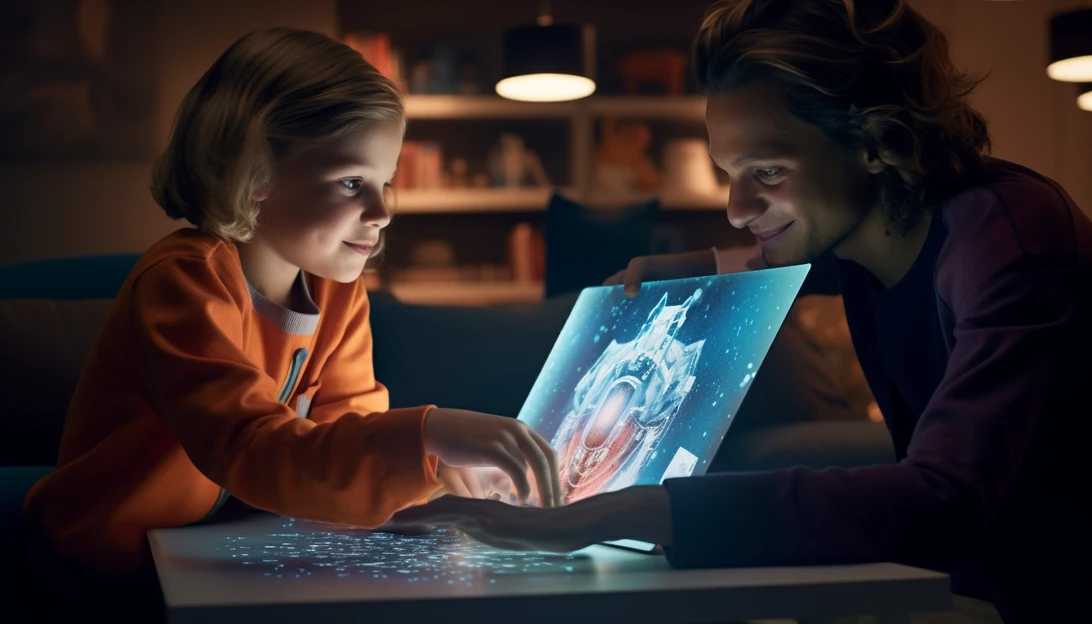 A child eagerly showing their artwork to an animated AI player, taken with a Sony Alpha a7 III