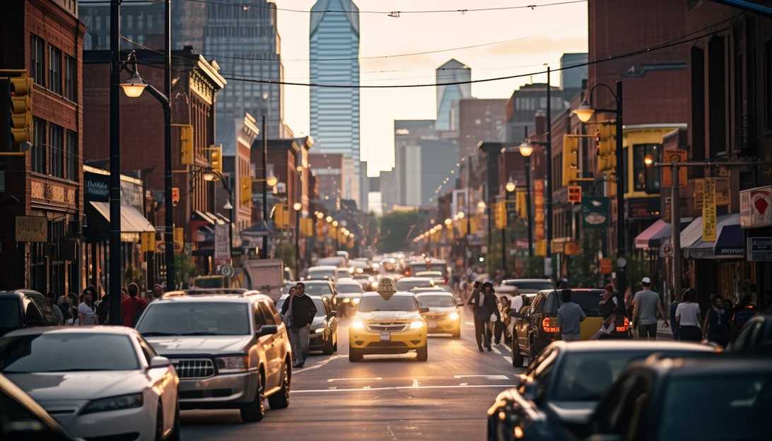 A busy street in Baltimore, showcasing the city's vibrant atmosphere, taken with a Canon EOS R