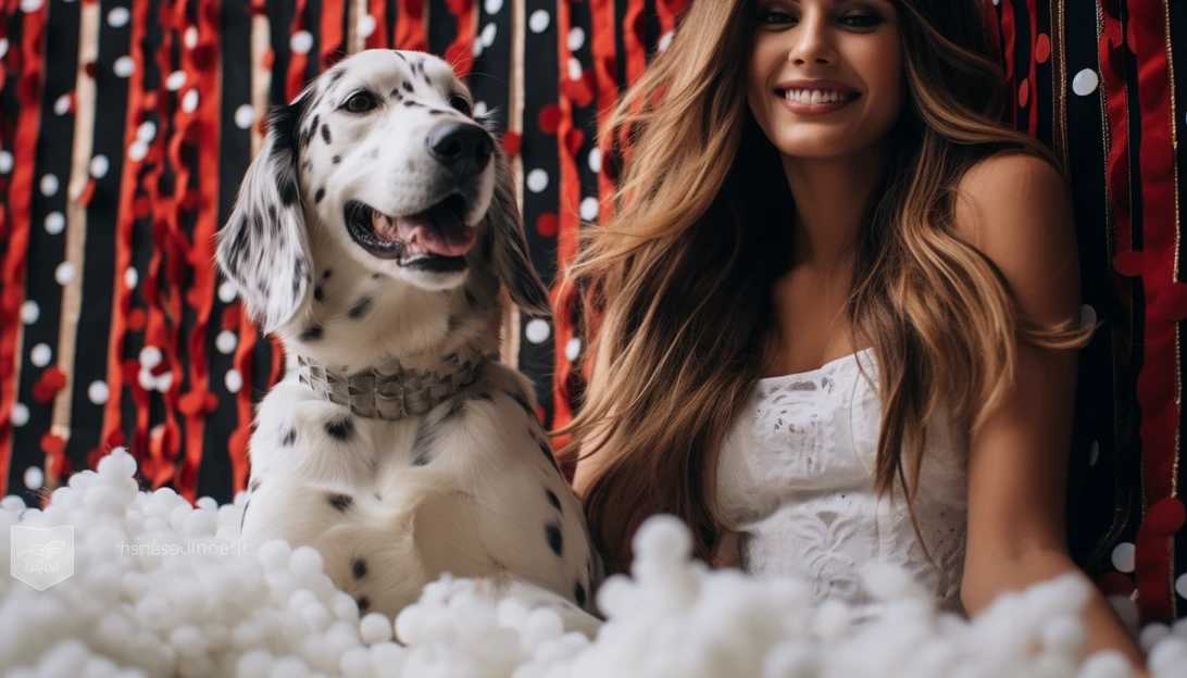 Image prompt: A beautiful photo of Sandra Macedo with her long-haired Dalmatian, Ryder, celebrating his first birthday party. Photo taken with a Nikon D850.