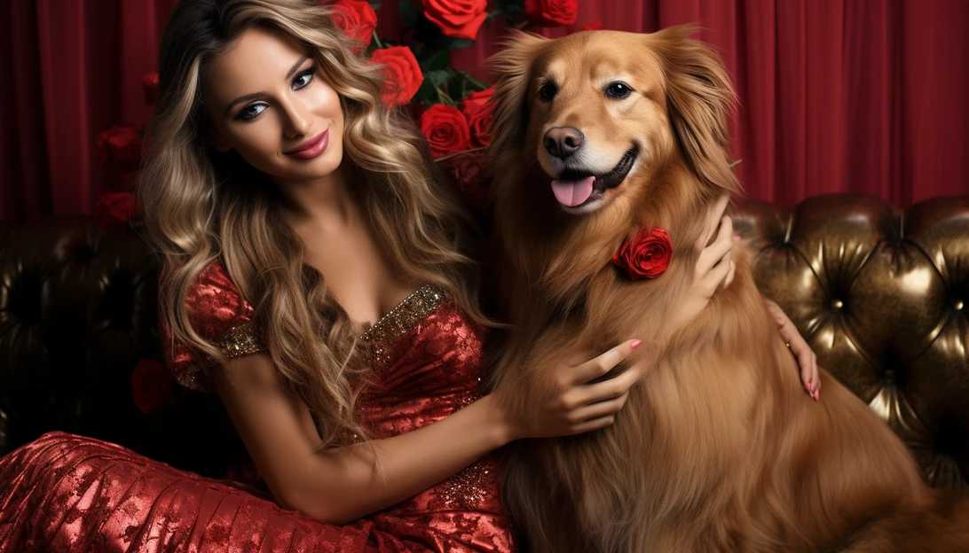 Image prompt: Erika Ekman posing with her Golden Retriever, Lady, at their extravagant birthday party. Photo taken with a Canon EOS 5D Mark IV.