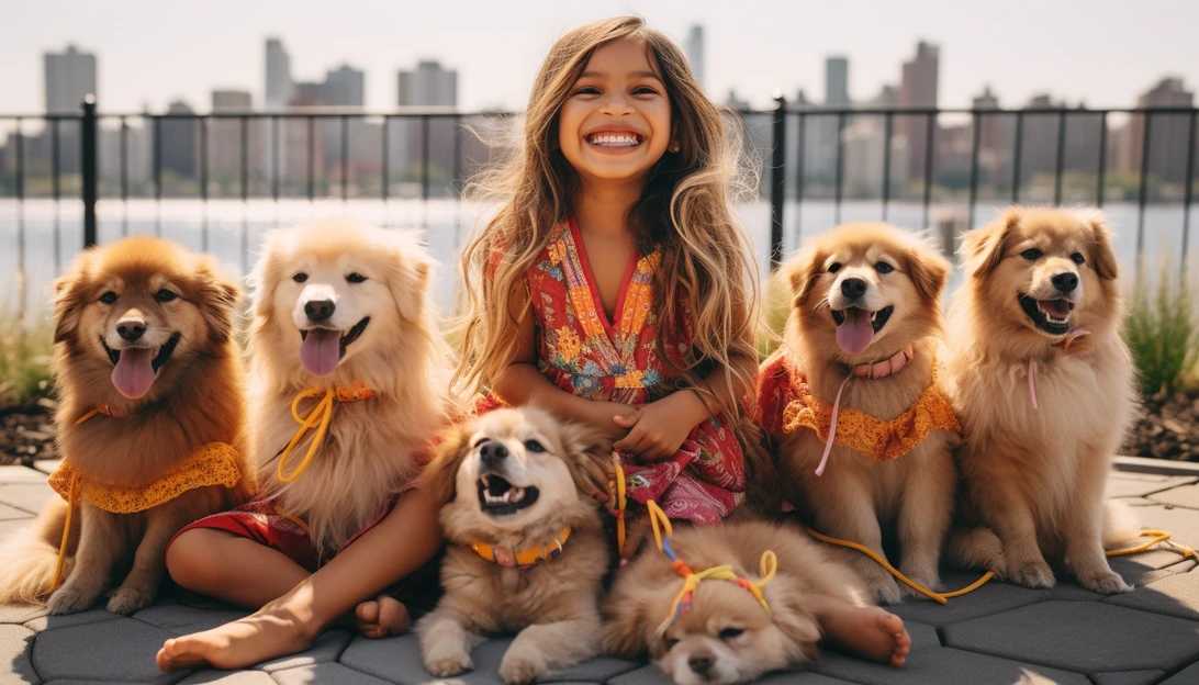 Image prompt: Ally Diaz surrounded by Sunny, her adorable Golden Retriever, and his eight siblings at their unforgettable first birthday celebration. Photo taken with a Sony Alpha a7 III.