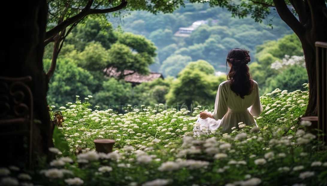 A serene tea garden filled with lush greenery and blossoming flowers. A person in the distance gracefully holds a teacup, enjoying a moment of tranquility. Taken with a Nikon D850.