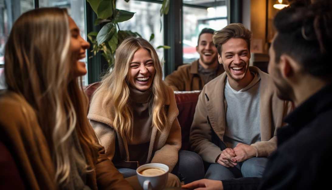 A group of friends sitting in a cozy cafe, engaged in lively conversation over cups of coffee and tea. Their smiles and laughter fill the air with joy. Taken with a Sony Alpha a7 III.