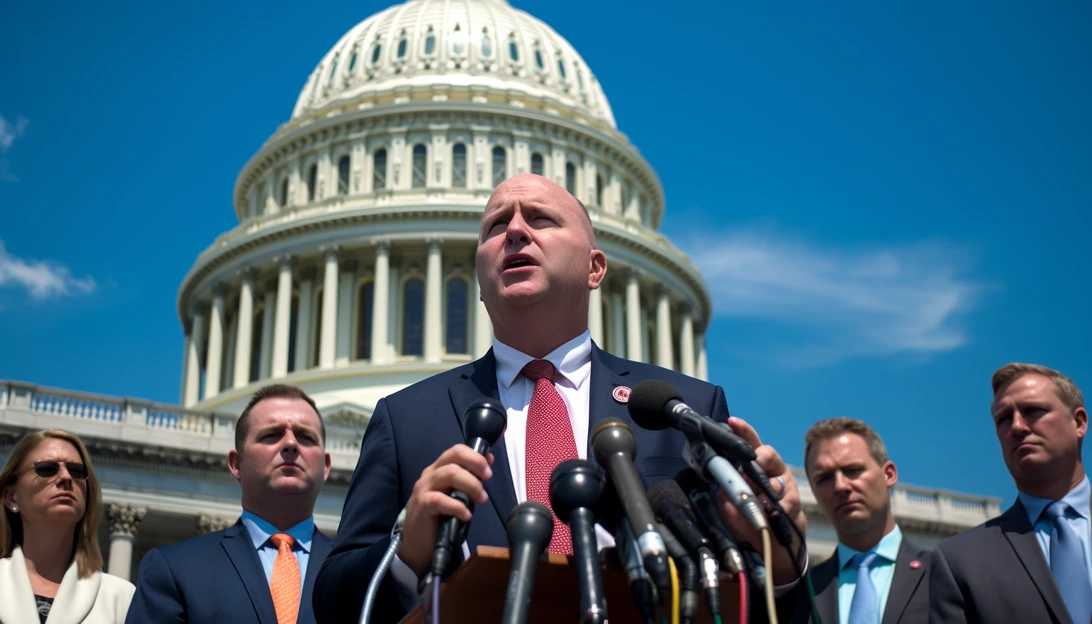 A photo of Steve Scalise confidently addressing the media outside the House of Representatives, taken with a Nikon D850.