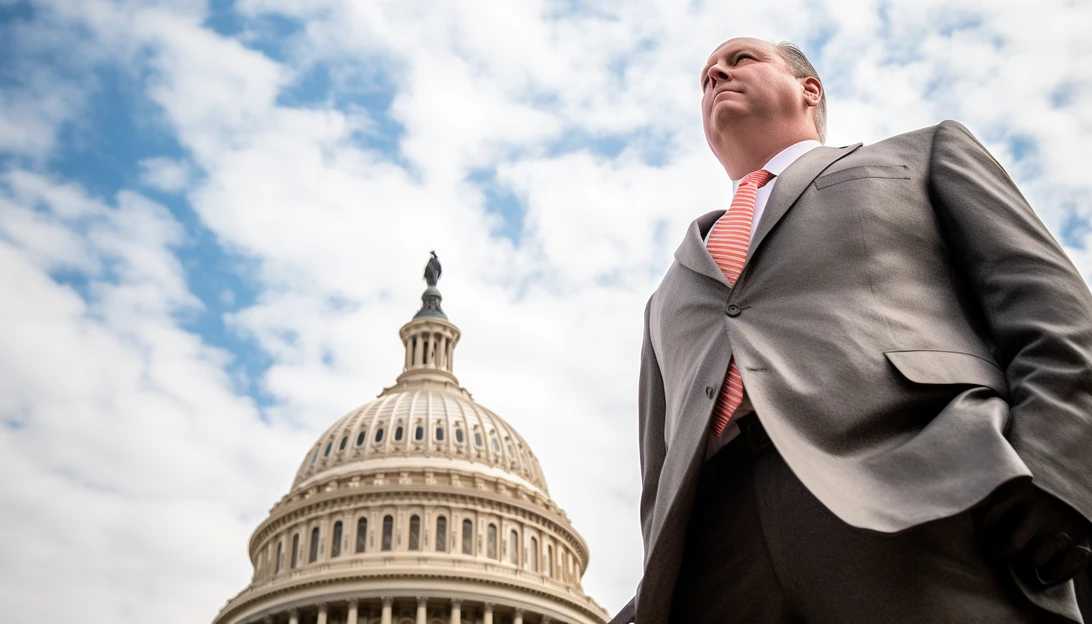 A close-up shot of Steve Scalise standing strong at Capitol Hill, with the Washington Monument in the background, taken with a Canon EOS R6.