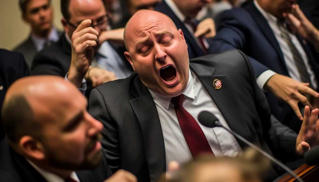 An inspiring image of Steve Scalise passionately speaking to his colleagues during a House Republican caucus meeting, captured with a Sony Alpha 7R IV.