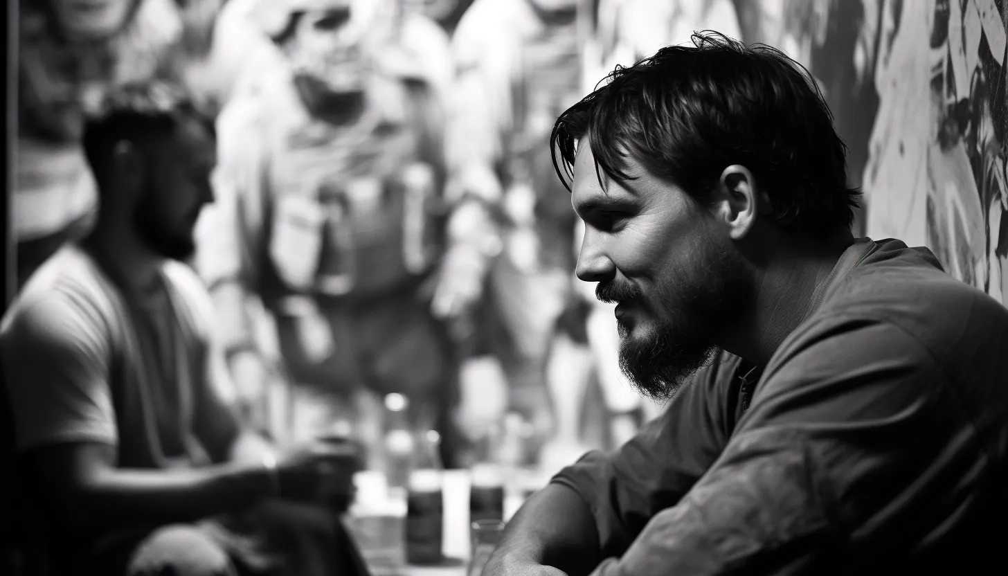 A poignant black and white image of Taylor Kitsch and retired Navy SEAL Marcus Luttrell deep in conversation, with 'Lone Survivor' movie posters subtly visible in the background. Their bond of friendship radiates from the photo. Taken with Sony Alpha a7 III.