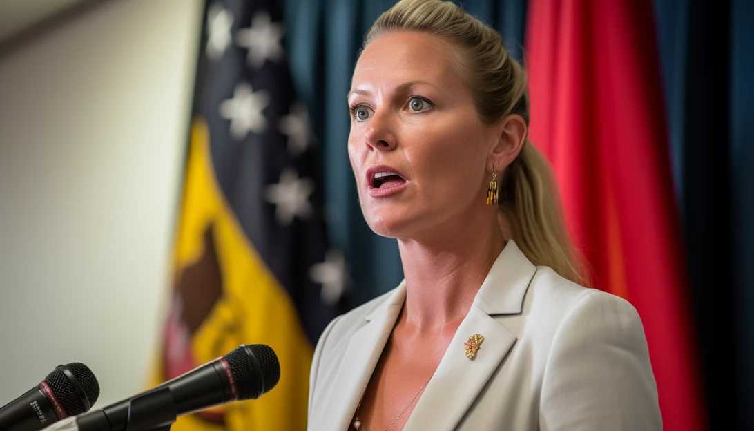 Sen. Katie Britt passionately speaking at the news conference discussing the border crisis, taken with a Nikon D850.